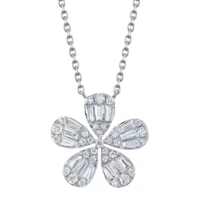 14K White Gold 0.50 Carat Total Weight Diamond Baguette Flower Pendant Necklace