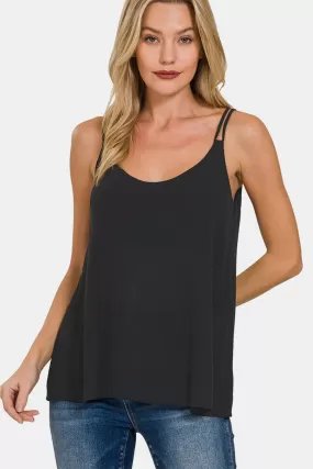 Black Tank for Women Zenana Woven Double Spaghetti Strap V-Neck Cami