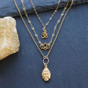 Enlightenment - Buddha Lotus Om Gold Triple-Strand Gold Necklace