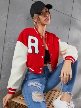 Letter Patched Striped Trim Drop Shoulder Varsity Jacket