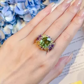 Luxury Temperament Colorful Flower Zircon Peridot Ring - 925 Sterling Silver