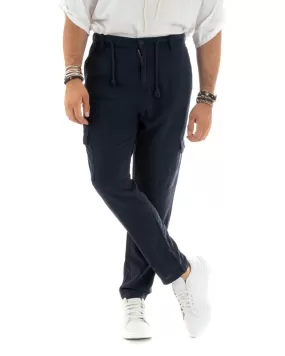 Pantaloni Uomo Lungo Cargo Tasconi Lino Pantalaccio Blu Basic GIOSAL-P5840A